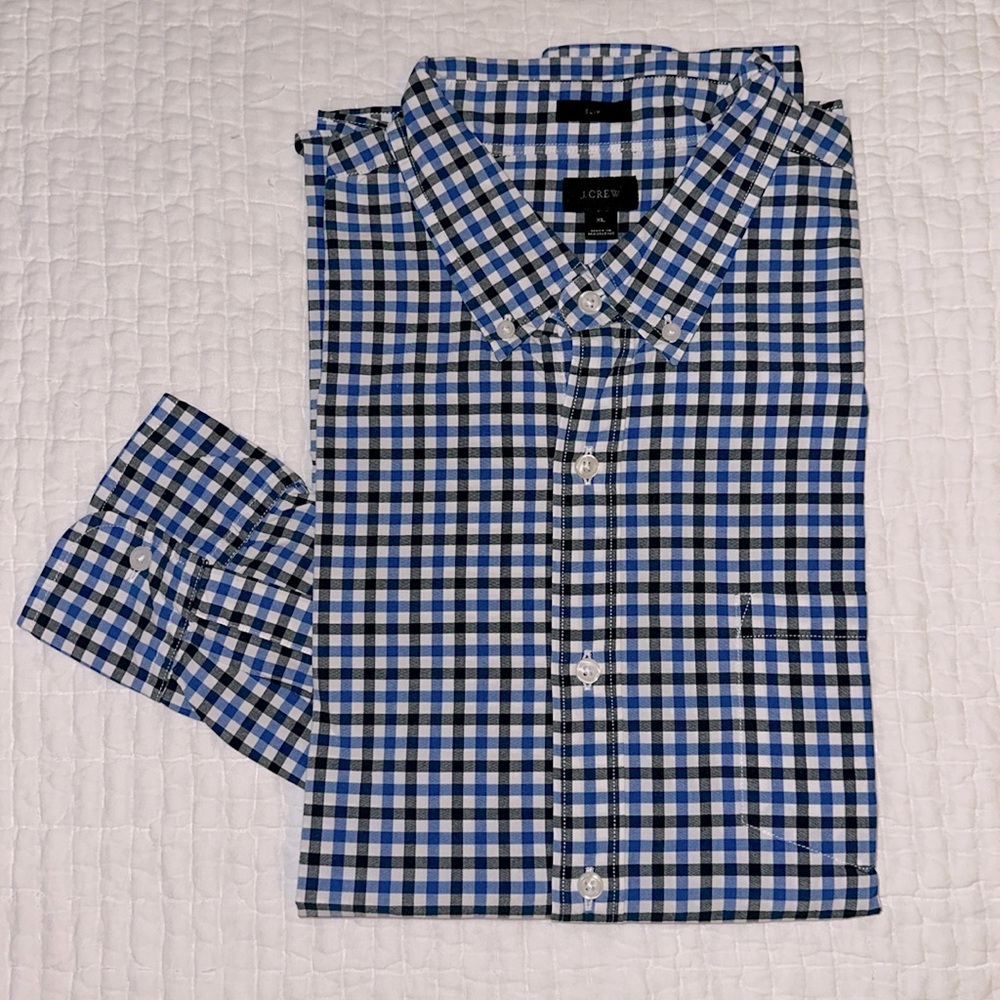 J.CREW Men’s Slim Fit Blue Grey Check Button Down Poplin Shirt Size XL